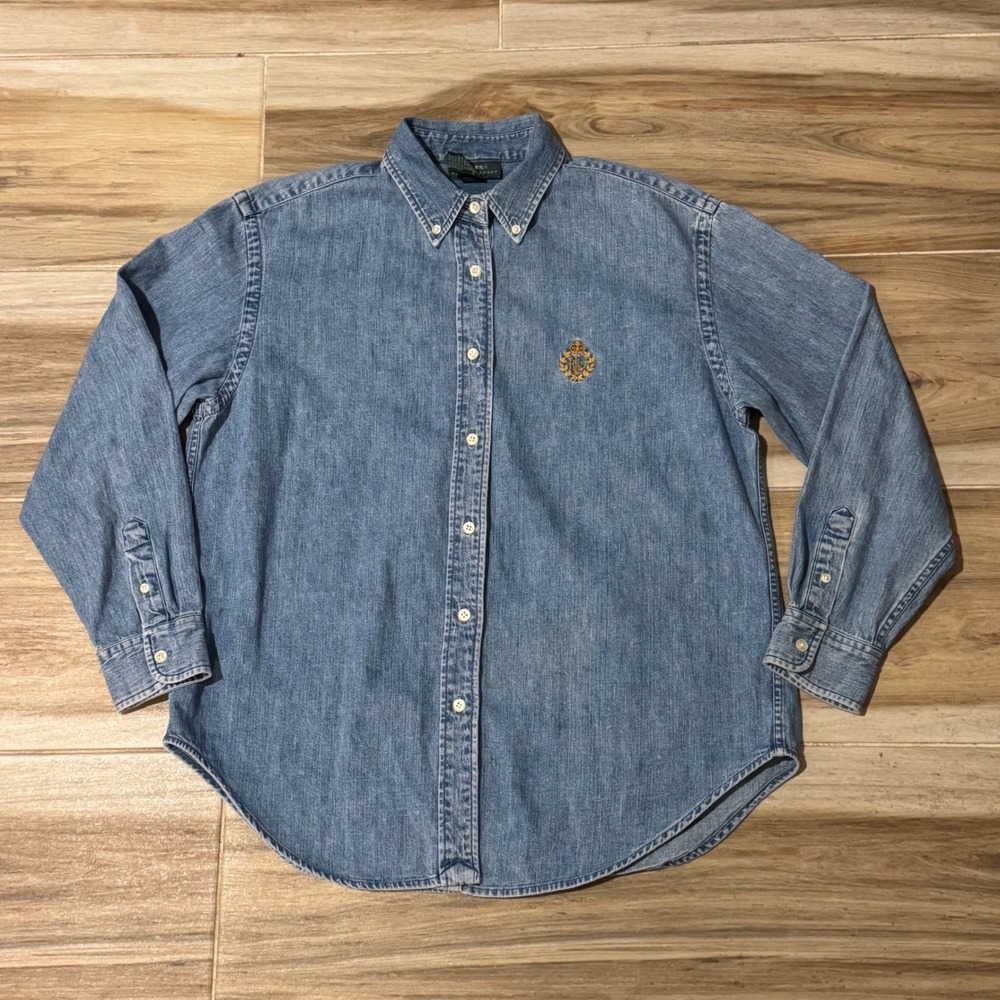 Lauren Ralph Lauren Denim Button Down Shirt Medium Wash Crest Logo Mens M